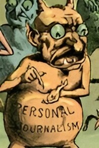 Detalle de "Los espíritus malignos de la prensa moderna", caricatura de Sydney B. Griffin publicada en Puck Magazine, 1888