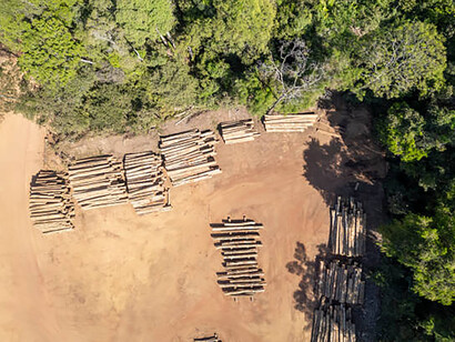 Drone shot of a timber storage site located within a deforested section of Malaysia’s lush tropical rainforest