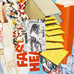 David Salle, Faster Healing, 2014, Oil and acrylic on linen with pigment print, 77 x 96 inches (195.6 x 243.8 cm). © David Salle. Courtesy Skarstedt, New York.