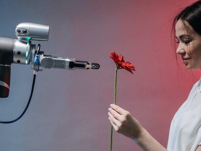 While clutching a delicate flower, a woman gazes upon an artificial intelligence robot, her face adorned with a gentle smile, capturing the harmonious juxtaposition of nature and technology