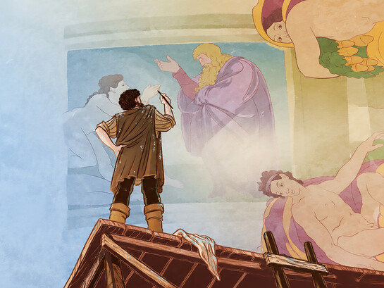 Cover of the book Michelangelo and the dream of the Sistine Chapel co-authored by Valentina Ansuini and Jade Bajeot and Illustrated by Sabrina Gabrielli