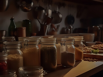 Variety of organic spices in multi colored jars for healthy cooking