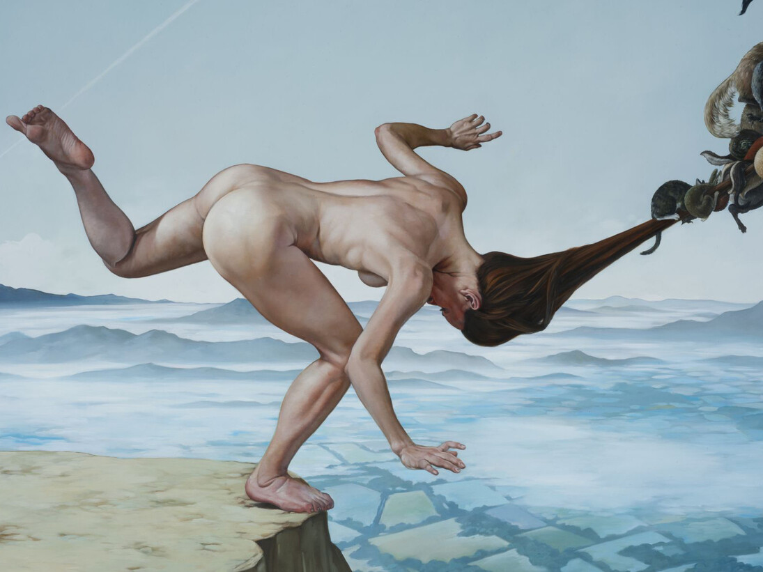 Erik Thor Sandberg, Toehold (detail), 2015, oil on curved panel, 36.25 x 71.25 inches.