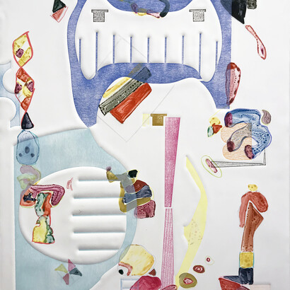 Carmon Colangelo, Colorful World 5, 2018, Watercolour Monotype with Relief on Hahnemuhle Copperplate, 31 x 22.25 inches (78.74 x 57.15 cm). Courtesy of Bruno David Gallery and Carmon Colangelo
 