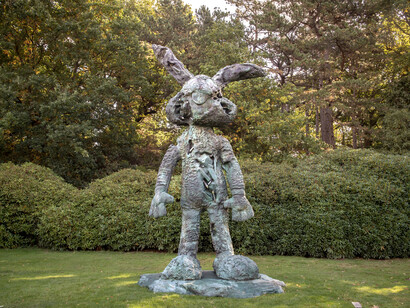 Daniel Arsham, Bronze Eroded Bunny (Large), 2022. Installation view at Yorkshire Sculpture Park. Courtesy Perrotin Gallery and Arsham Studio. Photo by Anthony Devlin. Getty Images for Daniel Arsham