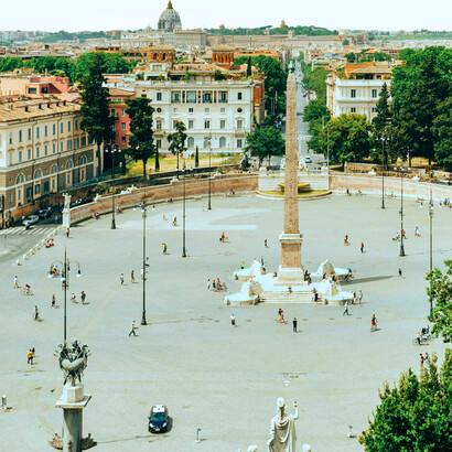 Piazza del Popolo in Rome, Italy, the name translating to 'People's Square' and originating from the poplar trees that once grew nearby