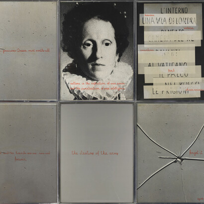 Vincenzo Agnetti, Elisabetta d'Inghilterra, 1976. Stampa fotografica, pennarello e lastra di alluminio, sei pannelli ciascuno di 40 x 30 cm. Courtesy of Osart Gallery