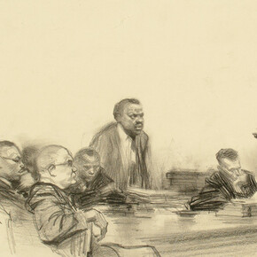 Lawyers’ Table, Montgomery, 1956. Harvey Dinnerstein (born 1928).Graphite on paper, sheet: 12 × 16 5/16 inches. Delaware Art Museum, Gift of the Rex Foundation, 1993. © Harvey Dinnerstein.