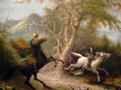 John Quidor (1801–1881). "El jinete sin cabeza persiguiendo a Ichabod Crane", pintura al óleo, 1858. Museo Smithsonian de Arte Americano, Washington, D.C., EE. UU.