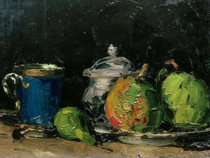 Paul Cezanne; Azucarero, peras y taza azul, 1870