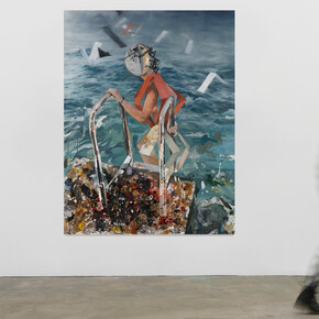 Daniel Pitín, The entrance into the see, 2023, mixed media on canvas, 66.93x51.18 inches, installation view. Courtesy the artist and Nicodim Gallery, NYC