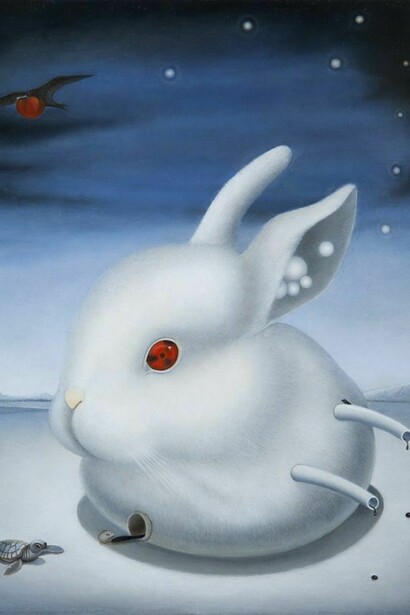 Conejo Atómico (detail), oil on wood, oil on wood , 10” x 10.25” unframed, 12.75” x 13” framed