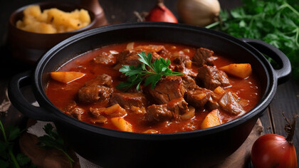 Goulash soup on display, accompanied by fresh tomatoes and onions