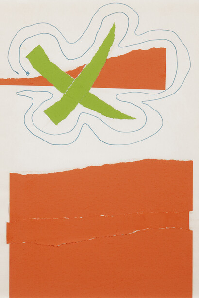 Barry Flanagan, Collage I 1968, 1968, blue pen and ink, organ and green paper on paper, 26 x 20 cm, © The Estate of Barry Flanagan, 2015