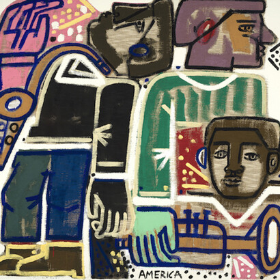 America Martin, Snap and Whistle, Oil and Acrylic on Raw Linen, 59" x 62". Courtesy of JoAnne Artman Gallery
