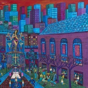 Ralph Fasanella, Love Goddess, 1964, 44 x 80 inches (111.8 x 203.2 cm), oil on canvas