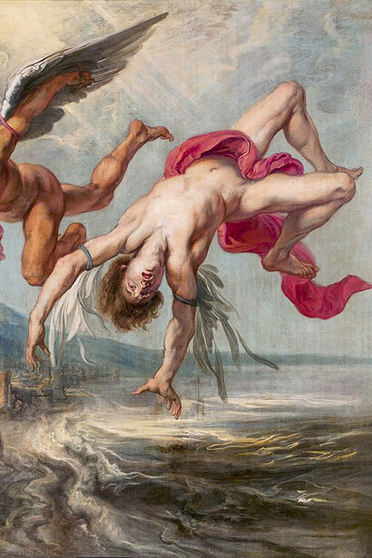 Jacob Peter Gowy, La caída de Ícaro, 1635-1637 (detalle). Ícaro es un joven que ignora las advertencias y vuela demasiado cerca del sol, cayendo al mar por su exceso de ambición