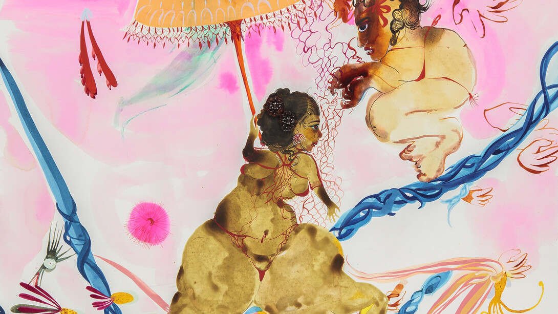Rina Banerjee, In abstinance, in resistance like vegetarianism viewing truth to replace food, replace shame, the indecency of craving to belt desire she turned loose grew to tire and skip to her circus hour dangled on tight rope of blue wire so she was inspired, 2014, Acrylique sur papier, aquarelle Arches, 76,2 x 55,9 cm, Courtesy de l’artiste et Galerie Nathalie Obadia, Paris/Bruxelles