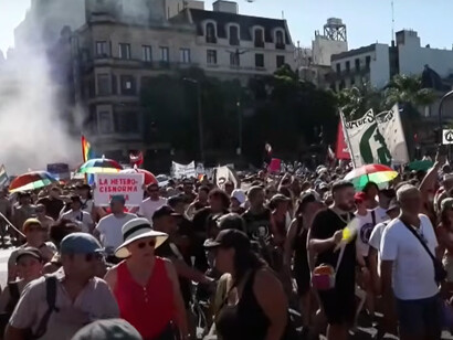 Argentine residents marching in opposition to President Javier Milei's views expressed in Davos