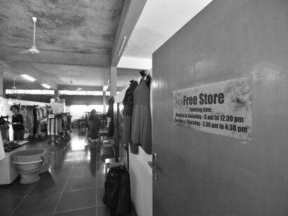 Free store for exchange of clothes and other items, part of Auroville's alternative economic efforts © Ashish Kothari