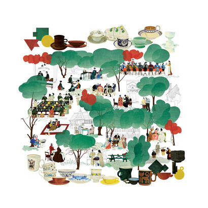 A walk through traditional crafts, 2016, Digital collage with pencils, photographs, and colour papers, 124 x 54 cm © Natsko Seki 