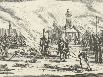 Jacques Callot, 1633. Quema en la hoguera, un grabado de la serie: «Las grandes miserias de la guerra» (detalle)