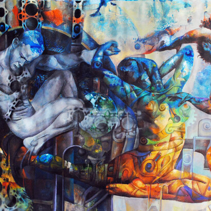 Transcultural (detail), 2015, acrylic on linen. Allentown Art Museum