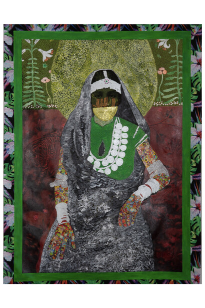 Renluka Maharaj, Rani With Her Tiger, Machali, 2023, pigmented ink print, acrylic paint, acrylic markers, rhinestones, cotton paper, glitter, thread on canvas, 66x49 inches. Courtesy the artist and Welancora Gallery
