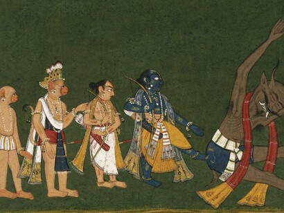 Rama Kicks the Body of Dundubhi, page from an illustrated manuscript of the Ramayana (the “Shangri” Ramayana), dated between 1690 and 1720