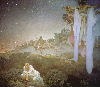 Alfons Mucha, Die Slawen in ihrem Heimatland „zwischen der Knute der Türken und dem Schwert der Goten“, 1912. Tempera auf Leinwand, 610 x 810 cm. Mucha Museum, Prag