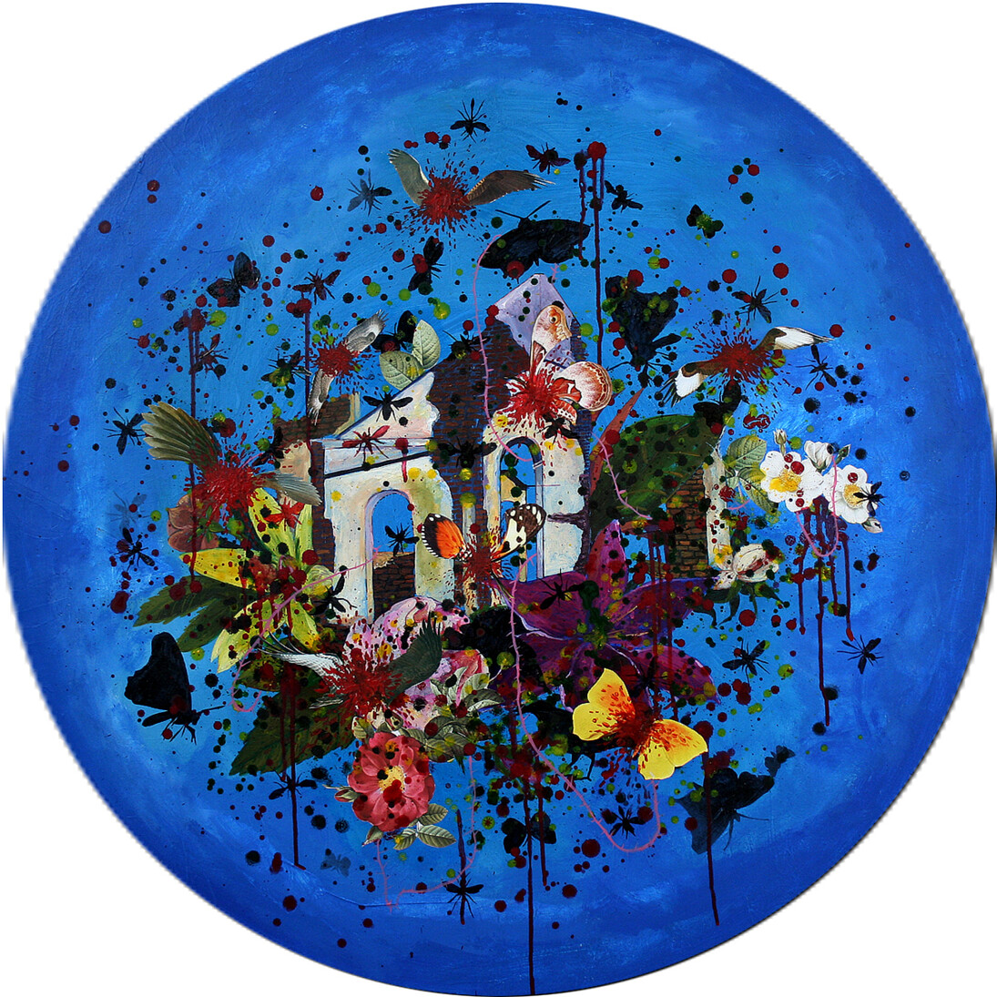 Priyantha Udagedara, Paradise Lost I (2011) Acrylic, Collage and Bandage on Canvas. 90 cm (Diameter)