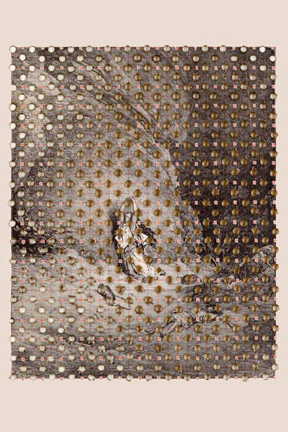 Meg Hitchcock, Bling No. 5: Hagar in the Wilderness, 2017, Letters cut from the Bible, paper burned with Tibetan incense, print by Gustave Doré, 8.8 x 7.25 inches (22.5 x 18.4 cm), Courtesy of Margaret Thatcher Projects