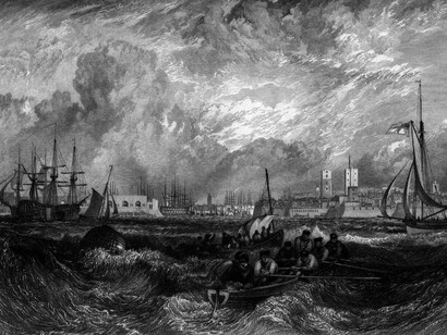 Portsmouth. engraving by William Miller after J M W Turner, published in Picturesque Views on the Southern Coast of England from drawings made principally by J.M.W. Turner, R.A. and engraved by W.B. Cooke, George Cooke and other eminent engravers, John and Arthur Arch, London 1826