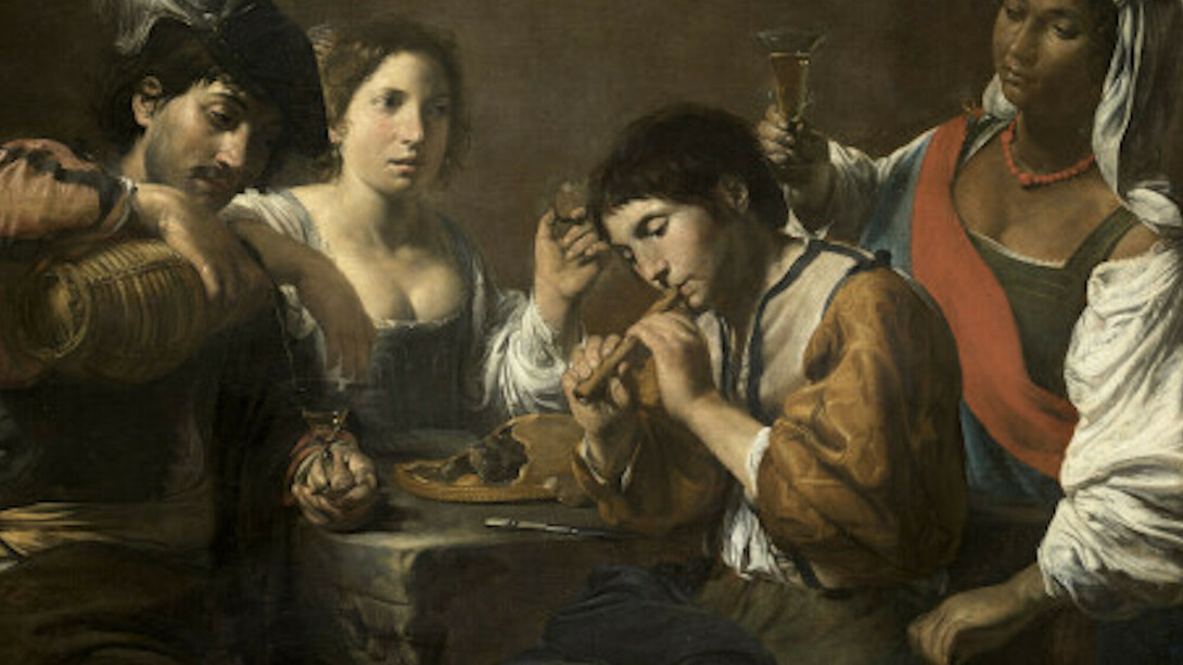 Valentin de Boulogne, Gathering in a Tavern (The Guileless Musician) , ca. 1623-1625, Oil on canvas, 96x133 cm, Département des Peintures, musée du Louvre, Paris © RMN-GP (musée du Louvre) / Tony Querrec.