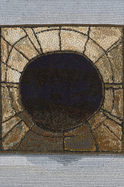 Narelle Jubelin, As Yet Untitled (Lee Bontecou, 1959), 2014, cotton on silk petit point, Courtesy the artist and Marlborough Contemporary, London