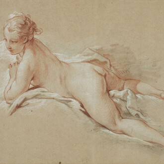 François Boucher, Femme nue allongée, vers 1740. Sanguine, pierre noire et craie blanche sur papier crème.
© The Horvitz Collection – Photo : M.Gould