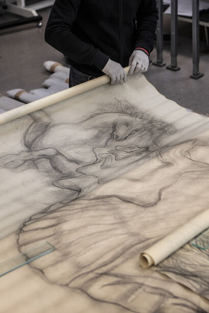 Unrolling of Tove Jansson's preparatory charcoal studies at HAM: sketch for Kotka vocational school, 1952. Courtesy of HAM 