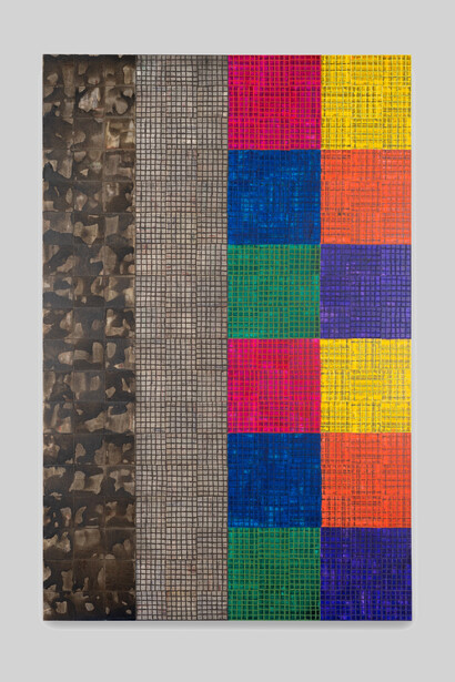 McArthur Binion, DNA: Study/(Visual: Ear), 2022. Ink, paint stick, and paper on board, 72 x 48 inches (182.9 x 121.9 cm), signed on verso. Courtesy of the artist and Lehmann Maupin, New York, Hong Kong, Seoul, and London
