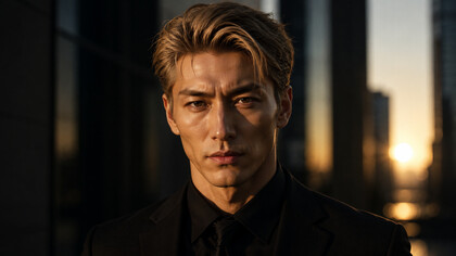 A handsome man catching the last of evening light in a city, representing the appeal of looksmaxxing culture