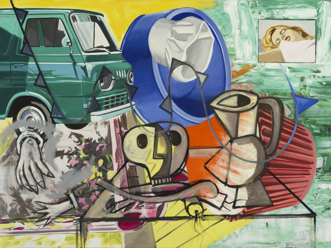 David Salle, This is the Fun, 2014-2015, Oil and acrylic on linen with archival digital prints, 70 x 96 x 1.5 inches, 177.8 x 243.8 x 3.8 cm. © David Salle. Courtesy Skarstedt, New York.