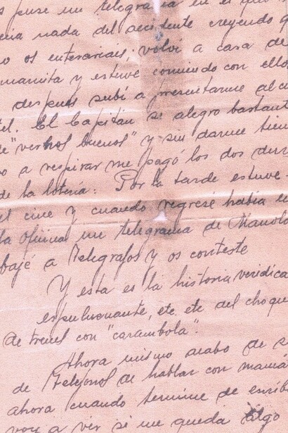 Carta manuscrita relatando el accidente