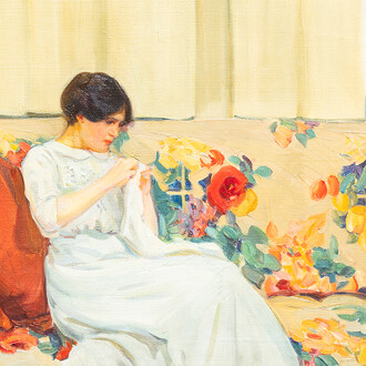 Helen McNicoll, Le divan de chintz (détail), 1913. Avec l'aimable autorisation du National Gallery of Canada