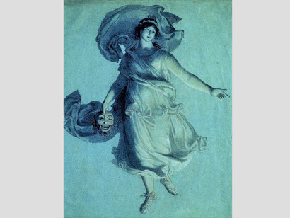 Wilhelm von Schadow (Berlin 1788-1862 Düsseldorf), Die Muse der Schauspielkunst (The Muse of Dramatic Art), after 1802; rose, yellow and white chalks, with traces of sanguine, on blue paper, 63.5 x 49.5 cm. State Academy Collection / Sammlung der Kunstakademie (NRW)