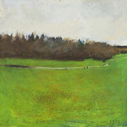 Kurt Jackson, Walking and following, near the source of the Thames, the first trickle and wiggle, April 2013, acrylic on board 19 x 20 cm, © Kurt Jackson 2014