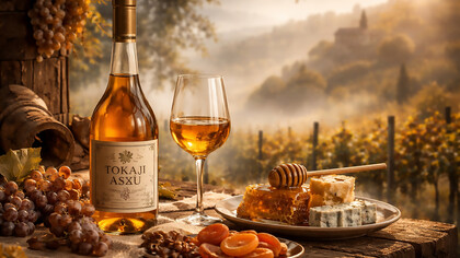 Bathed in golden light, a glass of Tokaji Aszú rests among honeycomb, blue cheese, and autumn fruit—an homage to Hungary’s legendary sweet wine, shaped by noble rot, misty vineyards, and centuries of patience