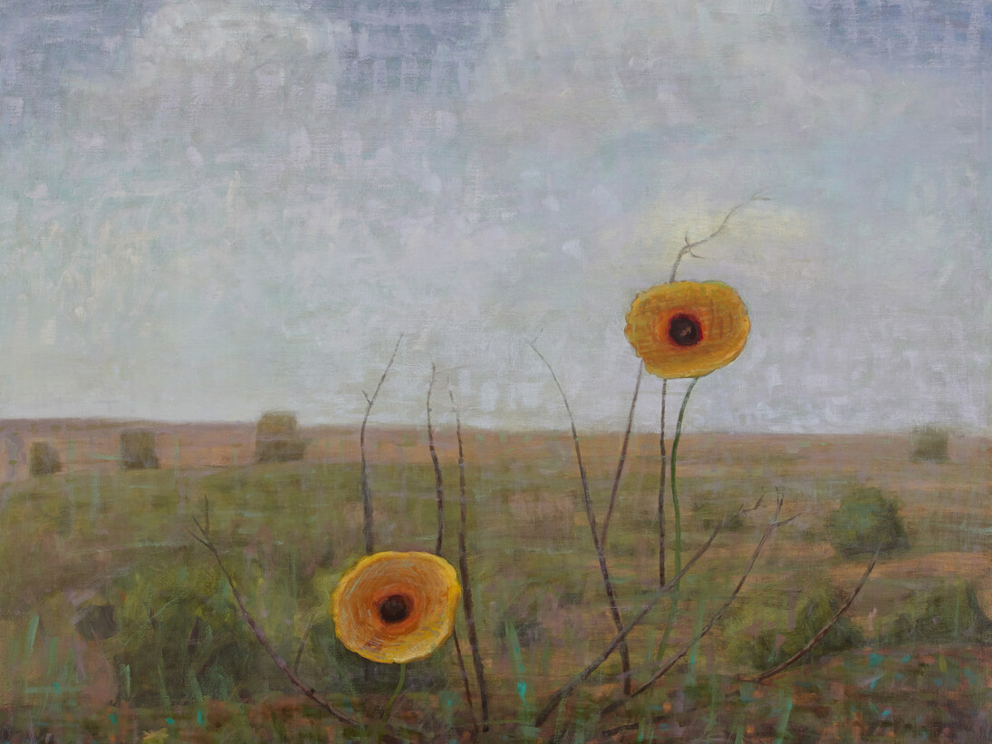 John Beerman, Two Yellow Flowers (detail), Transplanted, 2012, oil on linen, 42 x 42 inches, Courtesy Tibor de Nagy Gallery, NY