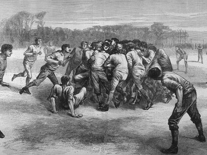 Cette image représente une illustration de 1871 intitulée "The Last Scrimmage" par E. Buckman, dépeignant un match de football précoce