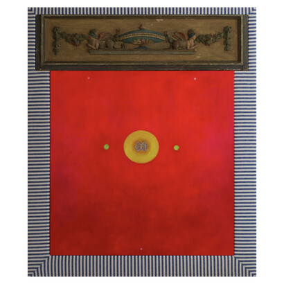 Mague Brewer, Logos, mixed media, linen, and carved wood frame (French 19th Century), 54x45 inches. Courtesy of the artist and Kate Oh Gallery