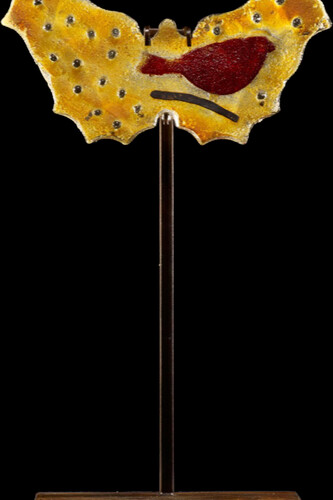 Marlene Rose, 16" Butterfly, gold with red rainbird, with stand, 2020, sand cast glass & steel, 16x10x6 inches