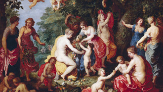 Hendrick van Balen el Viejo (1573-1632) y Jan Brueghel el Joven (1601-1678).  Ninfas y niños bajo árboles frutales (Las náyades llenan la cornucopia)